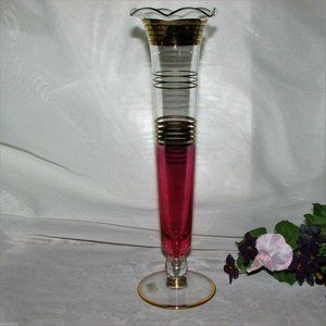 Vintage 10" Red Glass Vase Cranberry Flash Footed Gold Bands Mid-century Decor